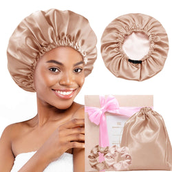 Silk Satin Bonnet Double Layer Reversible Elastic with 2 Scrunchies & 1 Satin Bag Champagne Jade - BONNET QUEEN