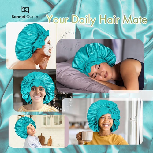 Silk Satin Tie Bonnet Large Aqua Blue - BONNET QUEEN