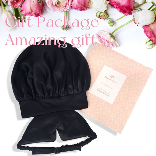 Silky Satin Bonnet for Sleeping with Eye Mask Black - BONNET QUEEN