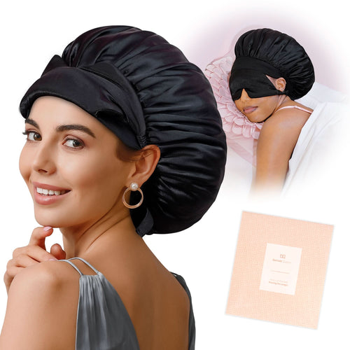 Silky Satin Bonnet for Sleeping with Eye Mask Black - BONNET QUEEN