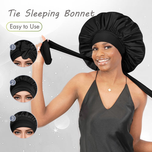 Silky Satin Tie Bonnet Large Black - BONNET QUEEN