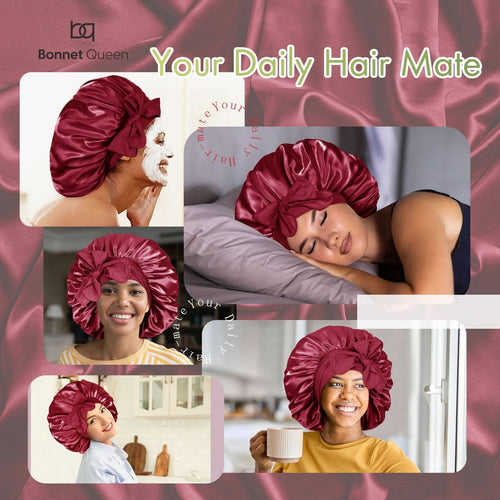 Silky Satin Tie Bonnet Large Burgundy - BONNET QUEEN