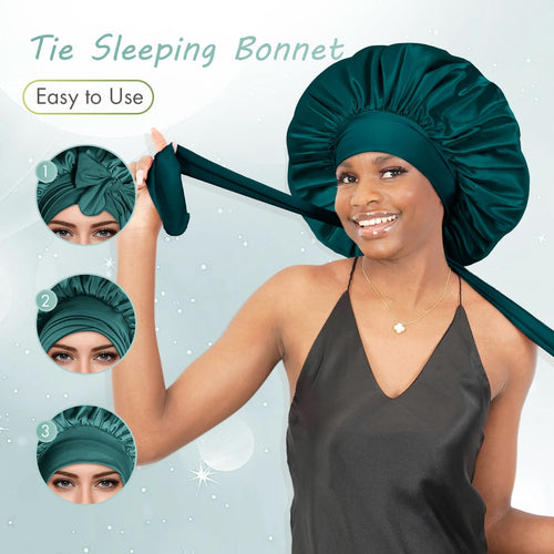 Silky Satin Tie Bonnet Large Dark Green - BONNET QUEEN