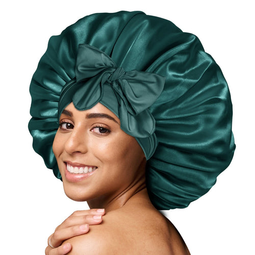 Silky Satin Tie Bonnet Large Dark Green - BONNET QUEEN