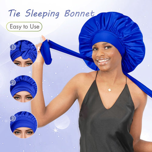 Silky Satin Tie Bonnet Large Navy Blue - BONNET QUEEN